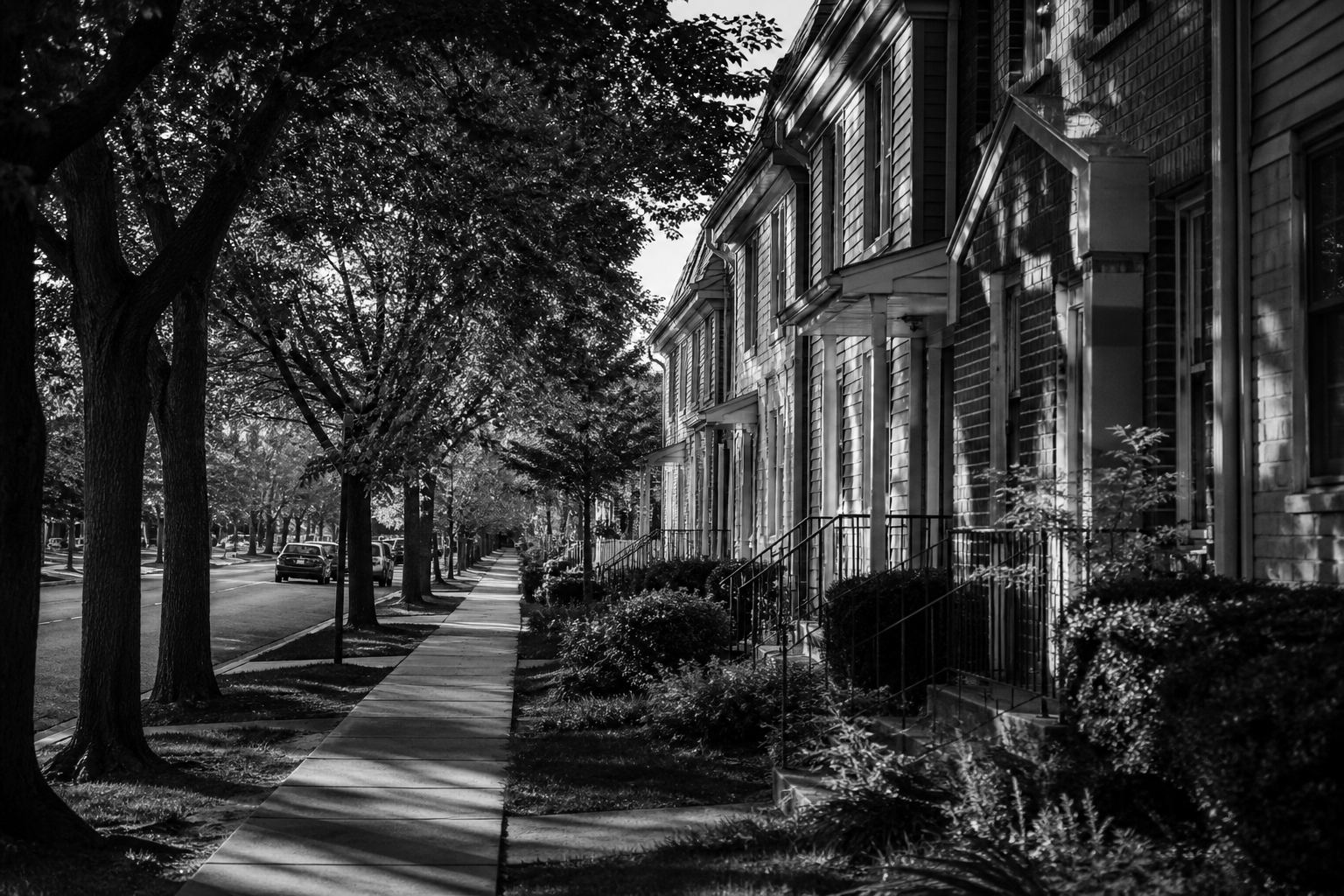 Quiet residential community street in black and white