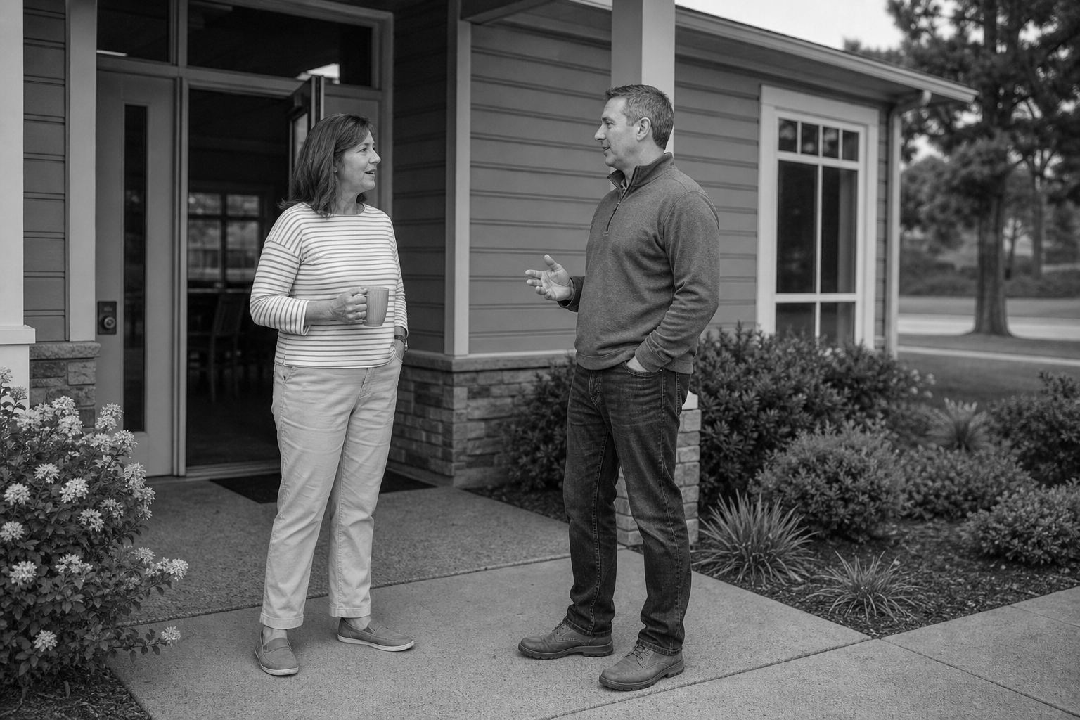 Neighbors talking outside a community building