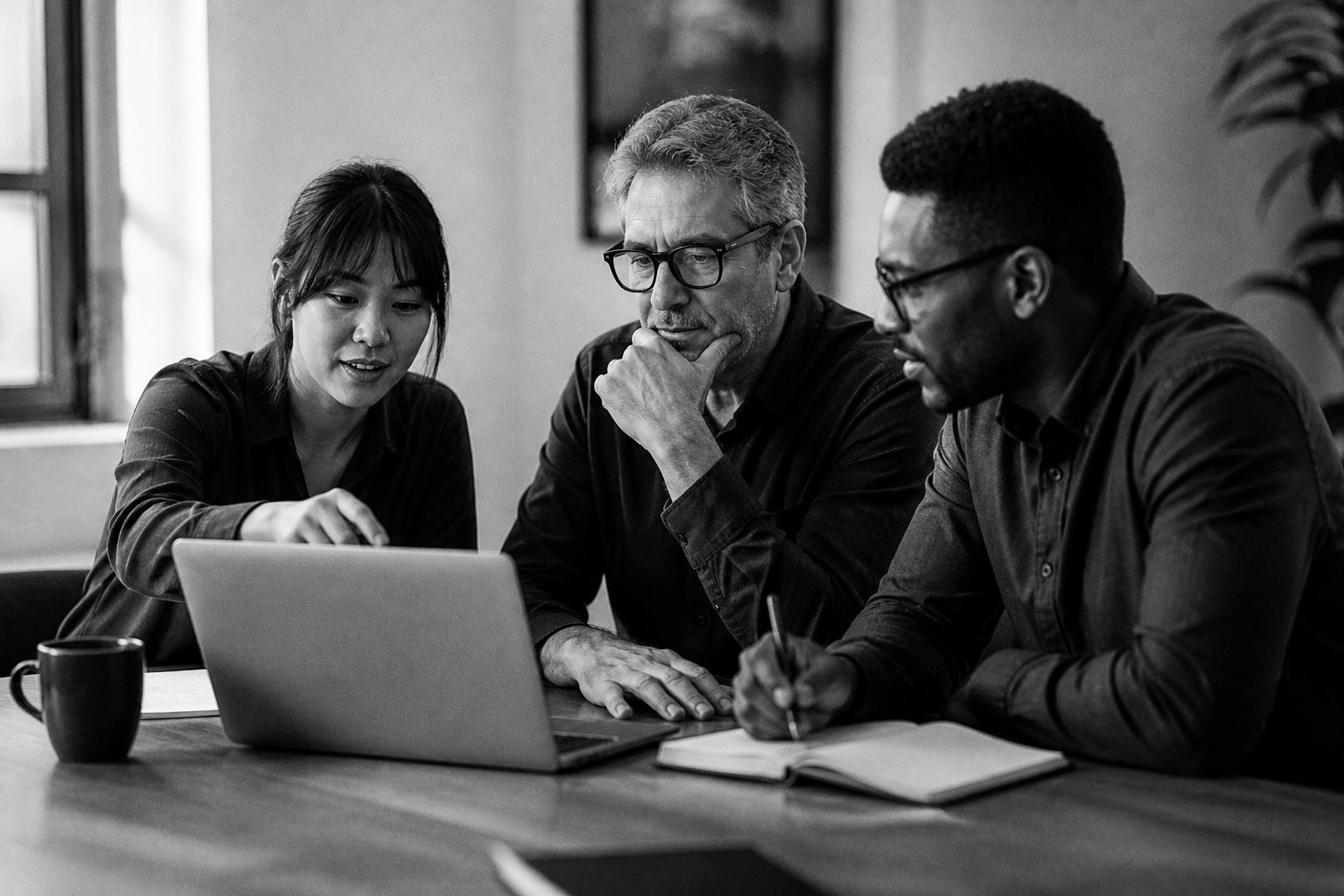 Team collaborating around a laptop